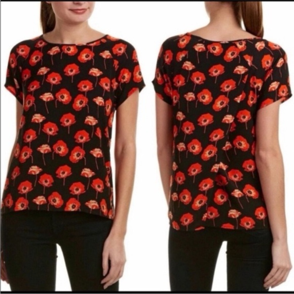 Cabi Flanders floral red poppy split back blouse S